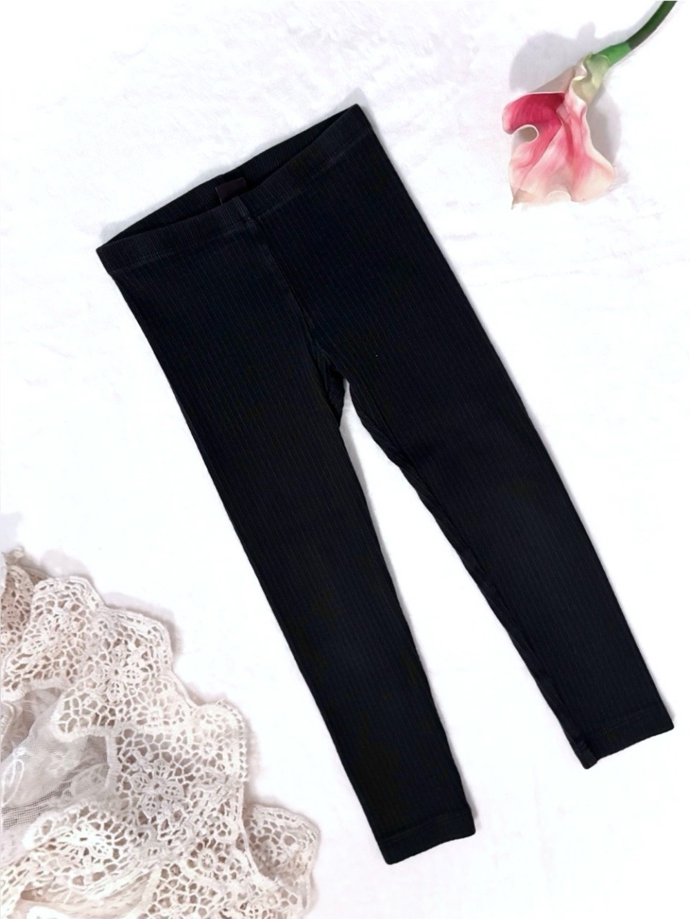 Tea Collection Girls Black Ribbed High‑Stretch Leggings • Size 5 • EUC